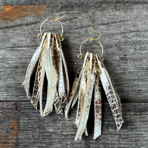 Leather Fringe Hoops - Champagne Crackle
