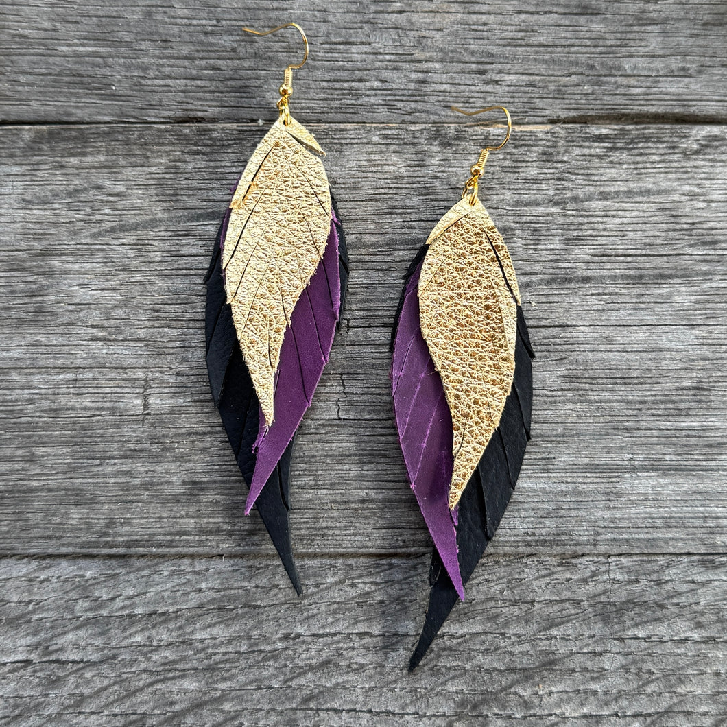 Wings of an Angel - Small - Gold + Purple + Black - Leather Earrings