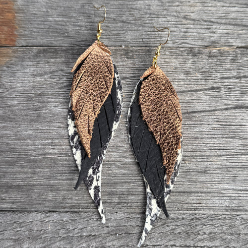 Wings of an Angel - Small - Bronze + Black + Snake - Leather Earrings