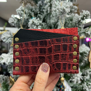 Card Wallet - Red Croc Embossed w Brass