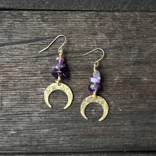 Tiny Moon Drops - Amethyst - Brass Earrings