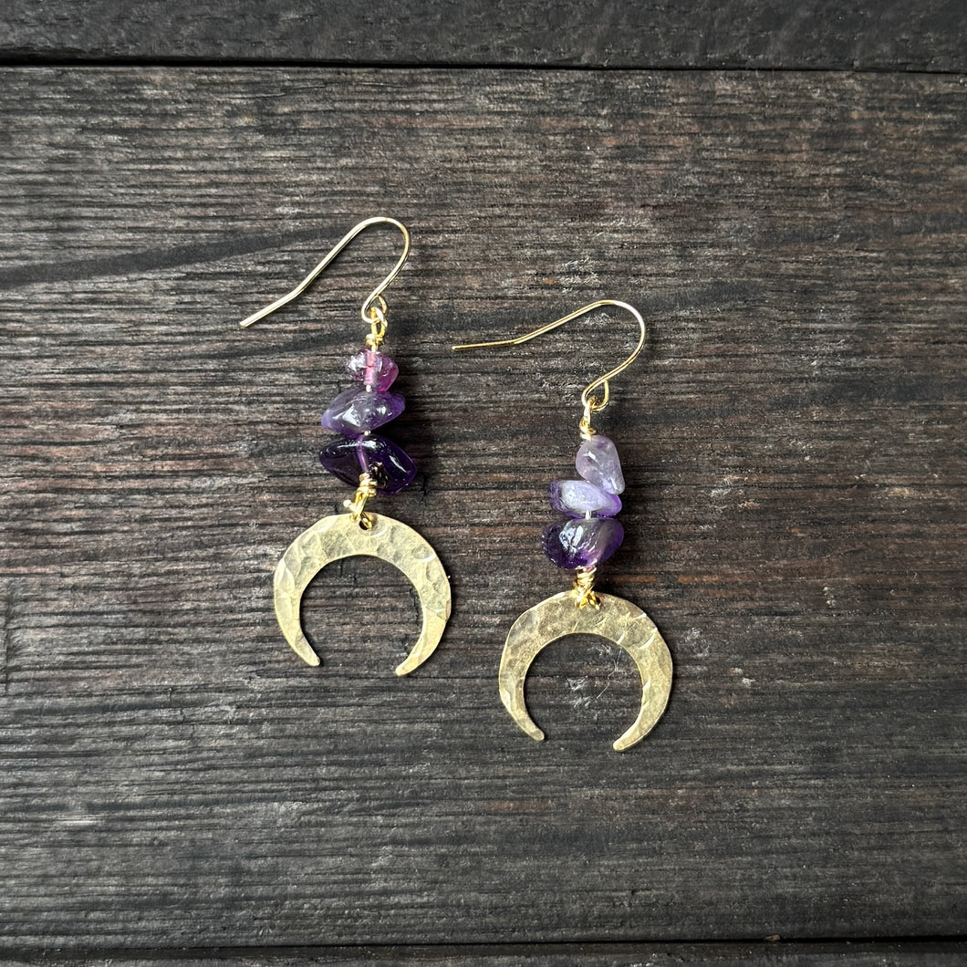 Tiny Moon Drops - Amethyst - Brass Earrings