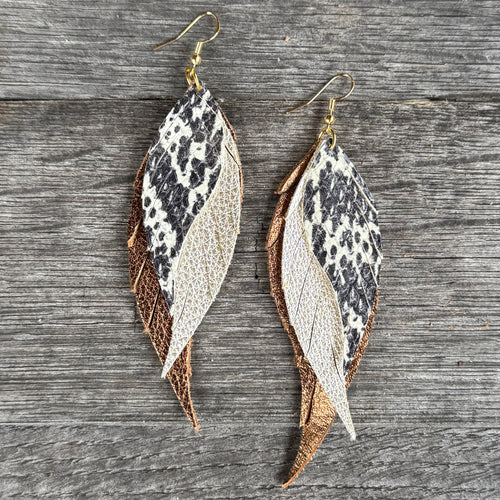 Wings of an Angel - Small - Snake + Champagne + Bronze  - Leather Earrings