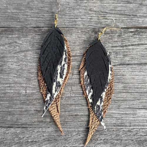 Wings of an Angel - Small - Black + Snake + Bronze - Leather Earrings