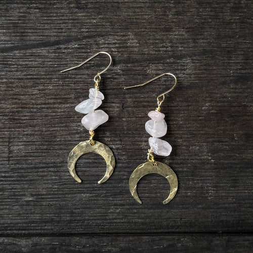 Tiny Moon Drops - Rose Quartz - Brass Earrings