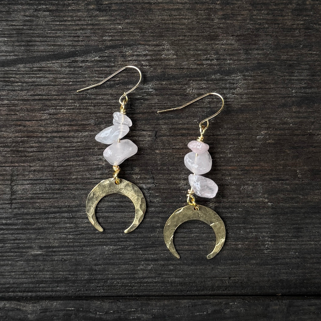Tiny Moon Drops - Rose Quartz - Brass Earrings