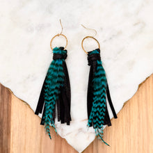 Boho Fringe - Short Black on Hammered Hoops with Teal Feathers