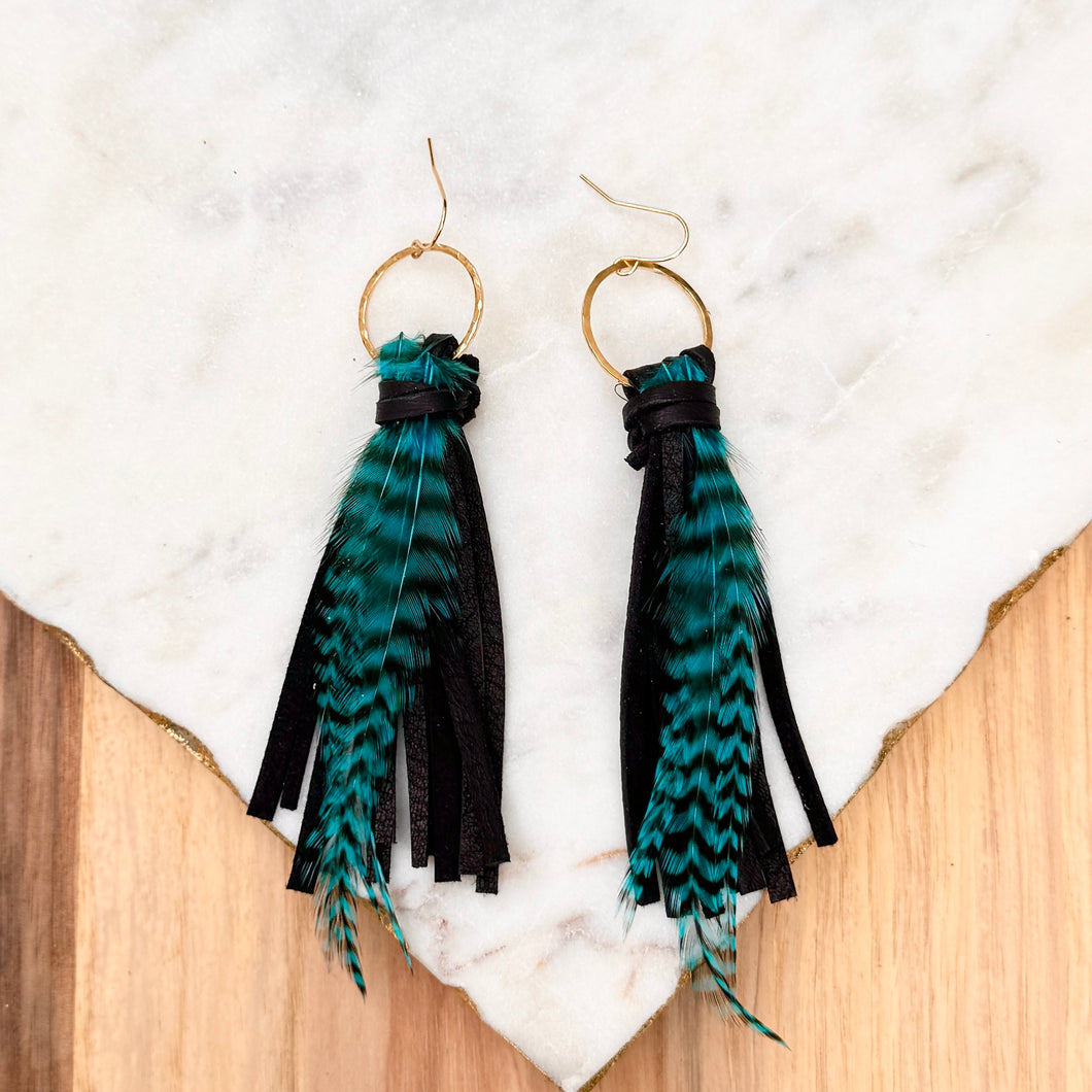 Boho Fringe - Short Black on Hammered Hoops with Teal Feathers