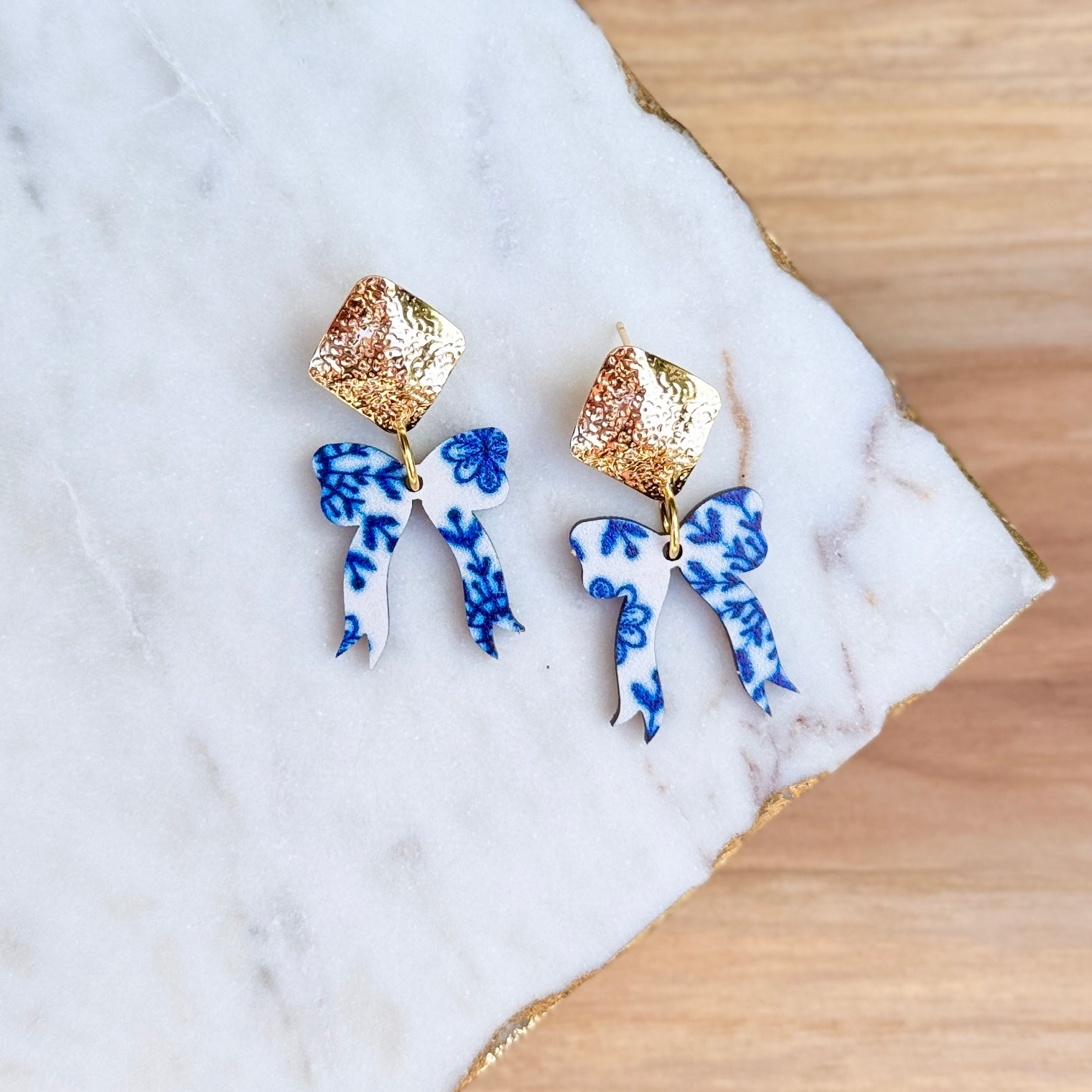 Audrey Bows - Blue + White - Wooden Earrings