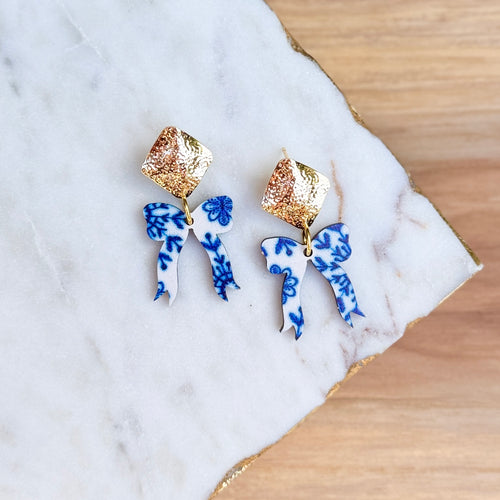 Audrey Bows - Blue + White - Wooden Earrings