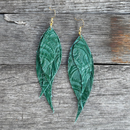 Wings of an Angel - Small - Evergreen Embossed - Leather Earrings