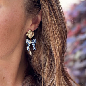 Audrey Bows - Blue + White - Wooden Earrings
