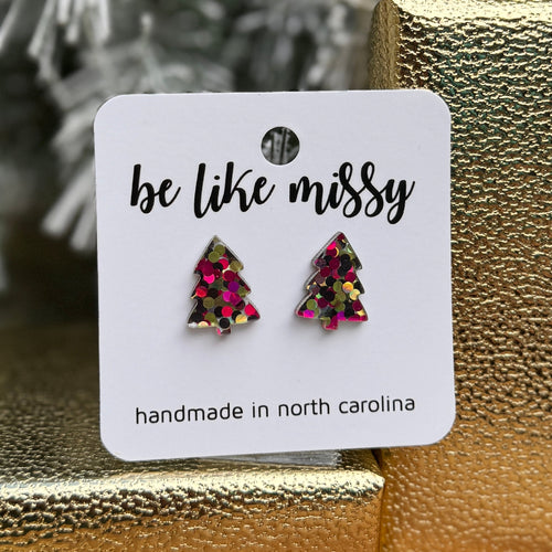 Christmas Tree Studs - Pink Glitter