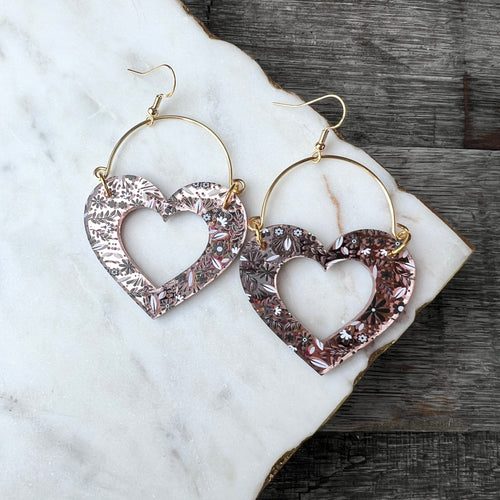 Remix Hearts - Rose Gold & Black Floral - Acrylic Earrings