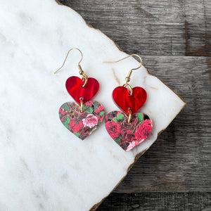 Heart Drops - Roses & Red - Acrylic Earrings