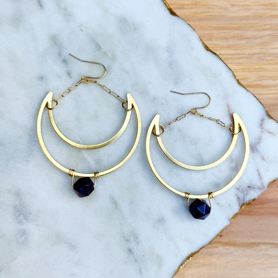 Crescent Moon Amethyst Drops - Brass Earrings