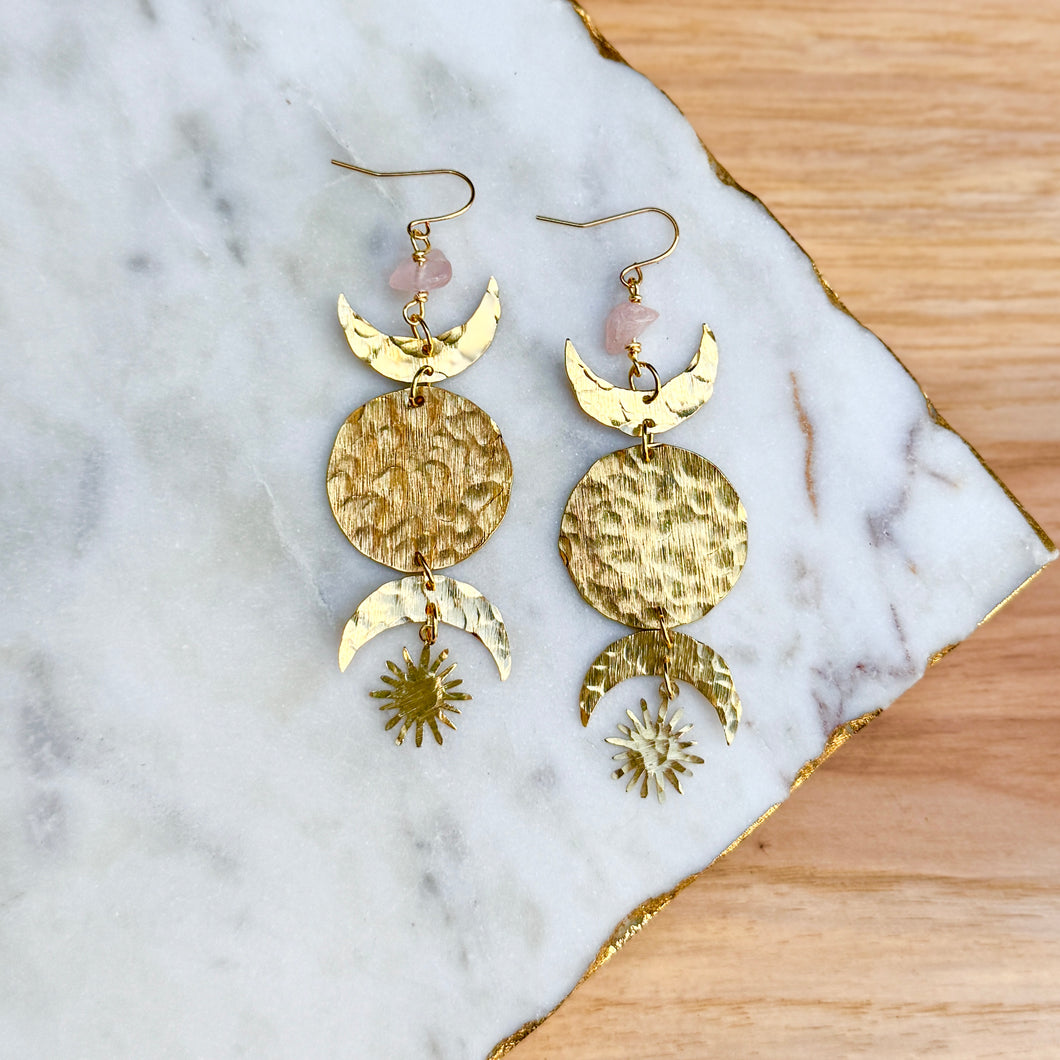 Moon Phases - Hammered Brass + Rose Quartz