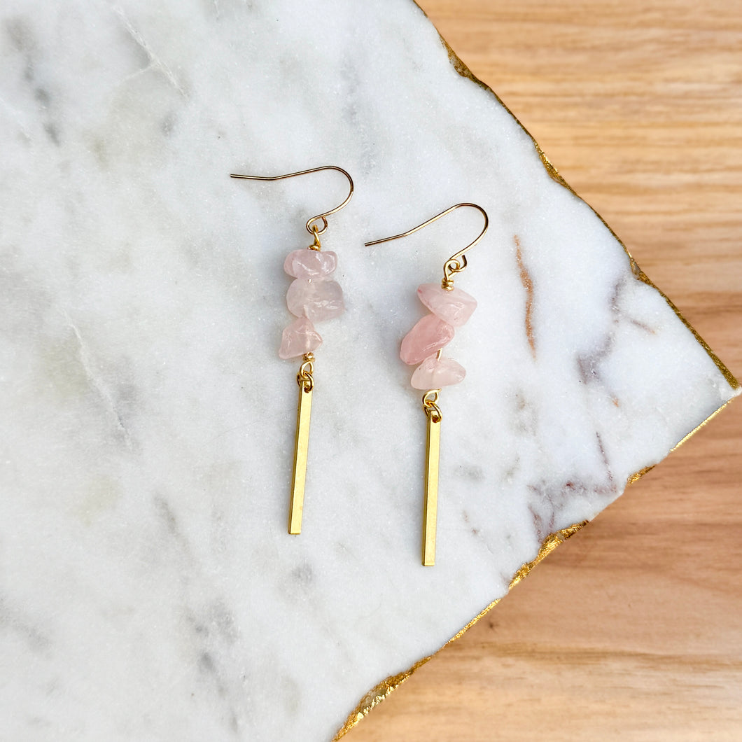 Tiny Rose Quartz Drops - Brass Earrings