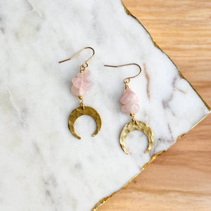 Tiny Moon Drops - Rose Quartz - Brass Earrings