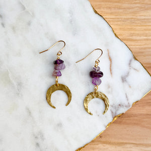 Tiny Moon Drops - Amethyst - Brass Earrings