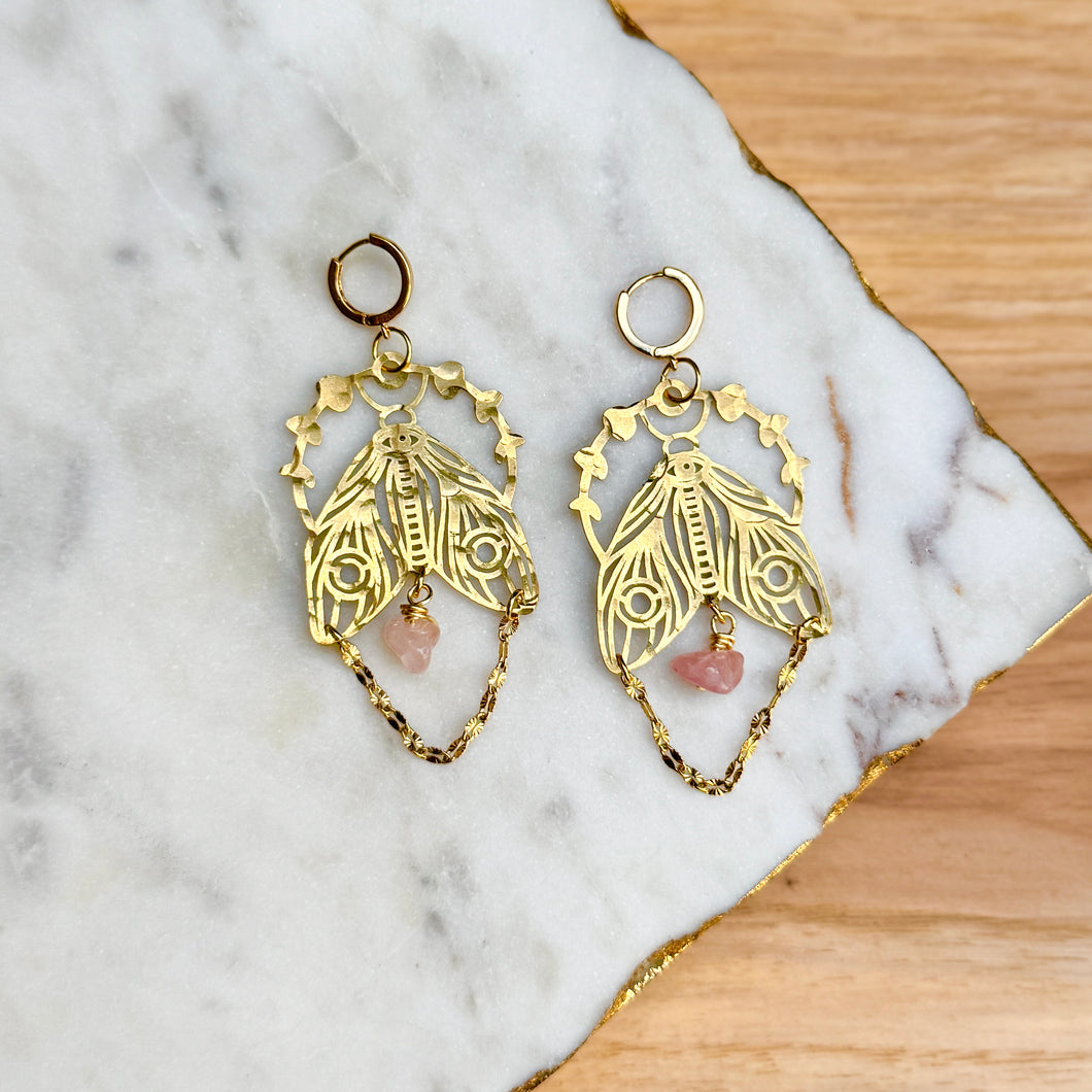 Moth Moon Phase Boho Drops - Brass Earrings