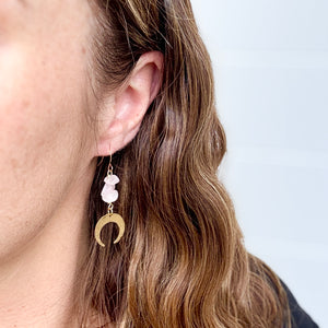 Tiny Moon Drops - Rose Quartz - Brass Earrings
