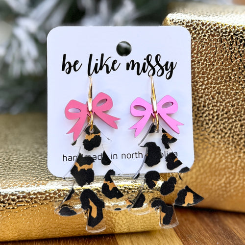 Christmas Tree Earrings - Clear Leopard with Bows