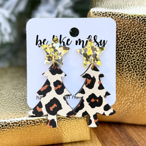 Christmas Tree Earrings - Leopard with Stars