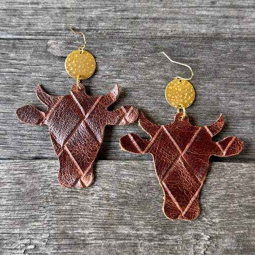 Hank - Cow Earrings - Brown Basketweave