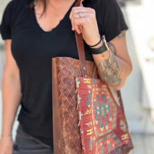 Tall Tote - Vintage Kilim on Brown Basketweave