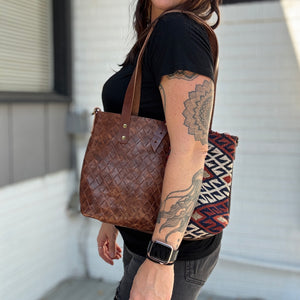 Mini Tote - Brown Basketweave + Vintage Kilim