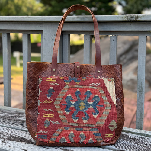 Tall Tote - Vintage Kilim on Brown Basketweave