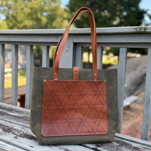 Tall Tote - Flower of Life on Olive