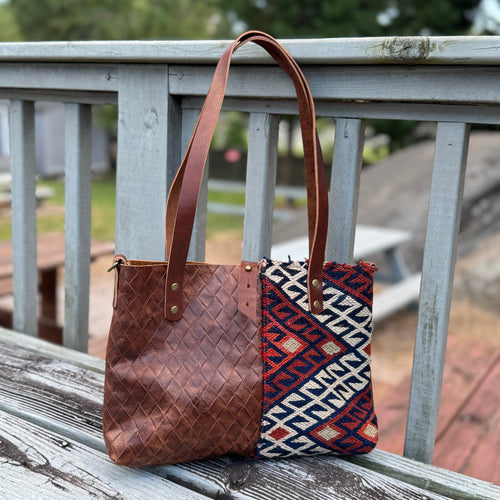 Mini Tote - Brown Basketweave + Vintage Kilim