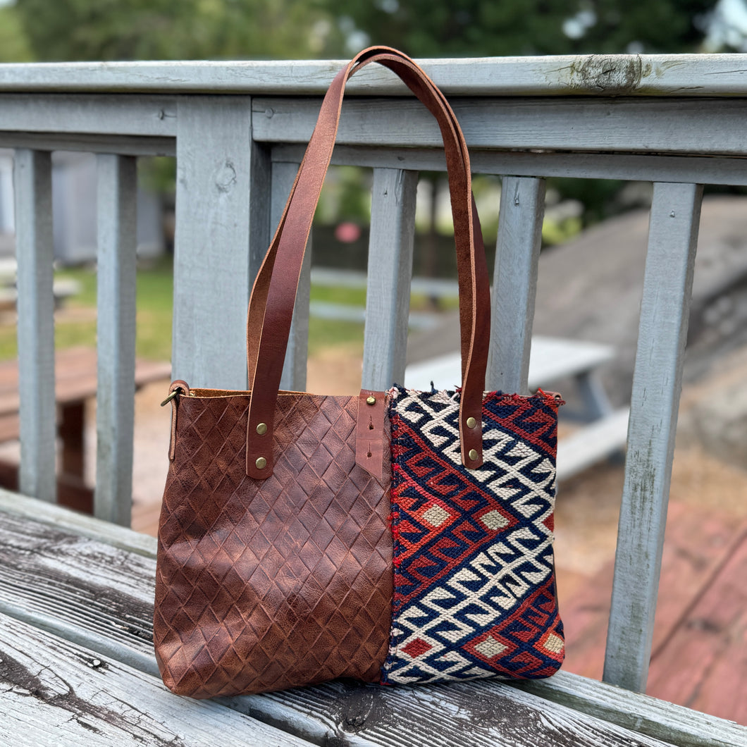 Mini Tote - Brown Basketweave + Vintage Kilim