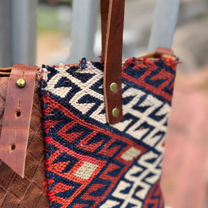 Mini Tote - Brown Basketweave + Vintage Kilim