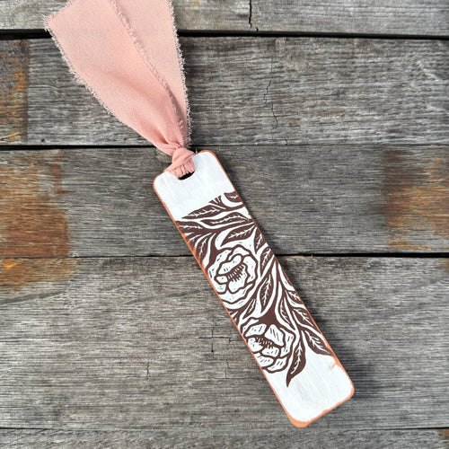 Leather Bookmark - White - Floral