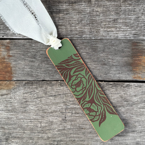 Leather Bookmark - Moss Green - Floral