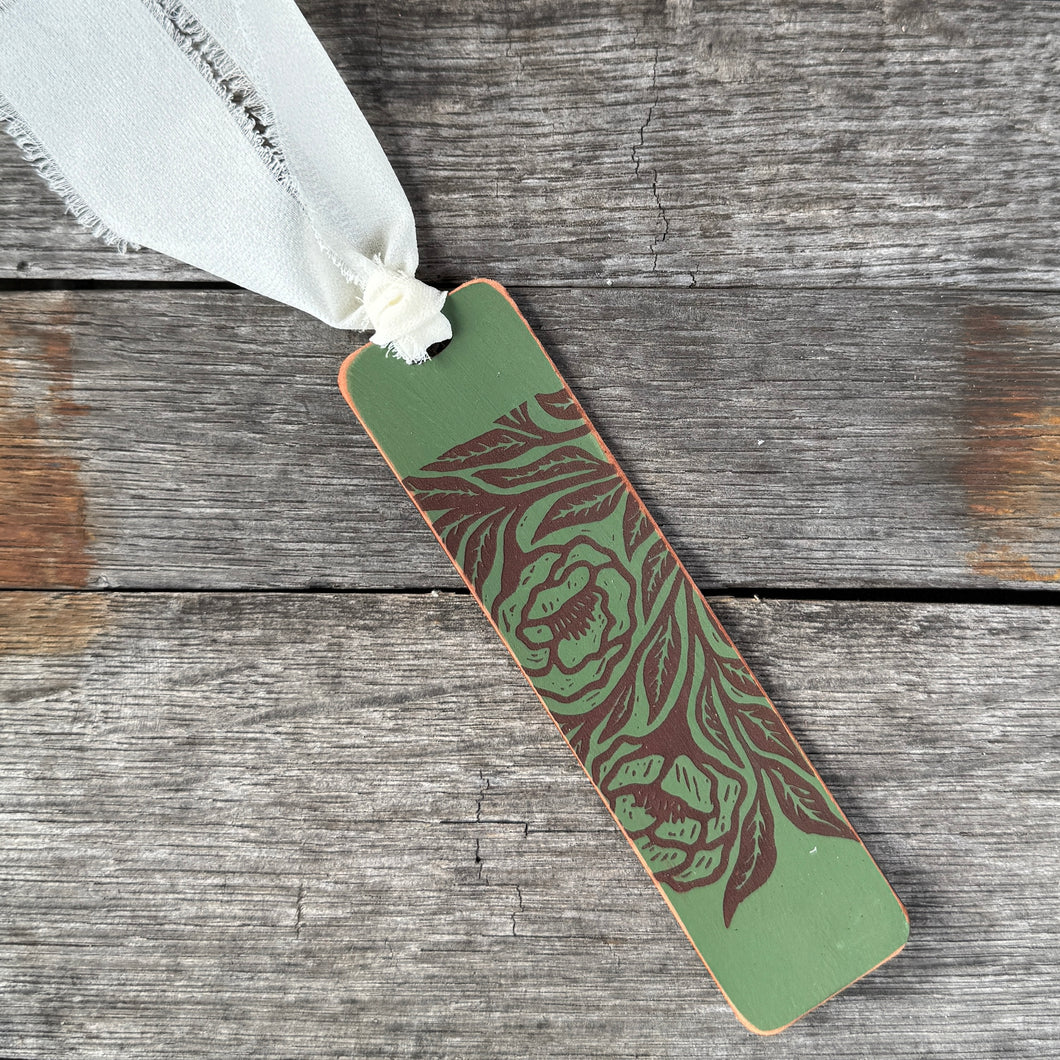 Leather Bookmark - Moss Green - Floral
