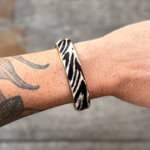 Leather + Brass Stacking Bangles - Zebra