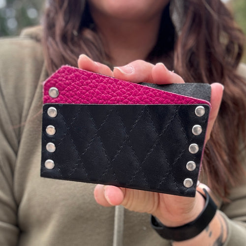 Card Wallet - Black Diamond Stitch + Bright Pink