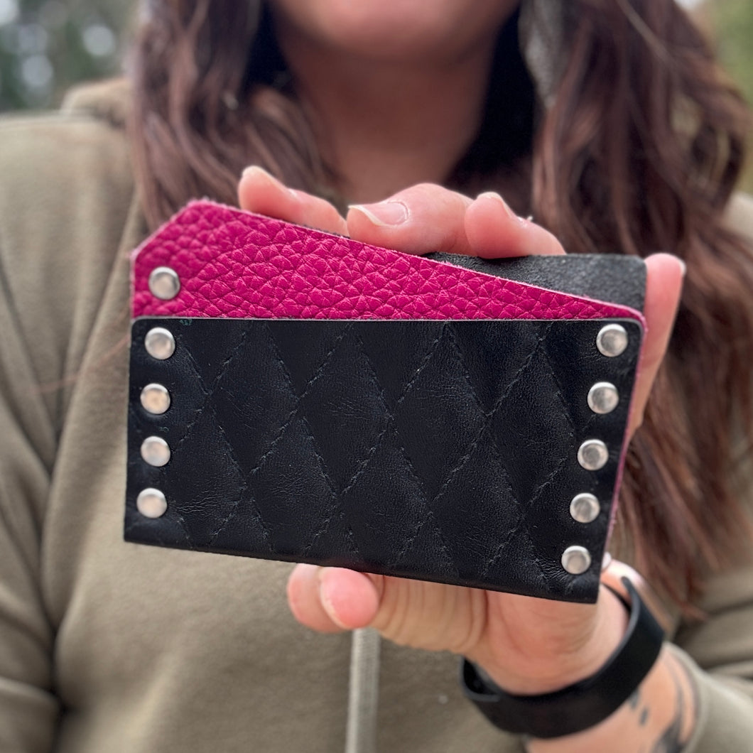 Card Wallet - Black Diamond Stitch + Bright Pink