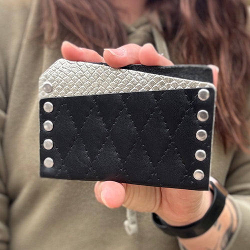 Card Wallet - Black Diamond Stitch + Silver