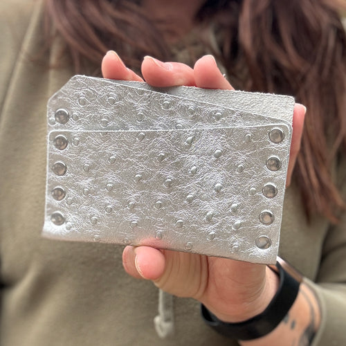 Card Wallet - Silver Ostrich Embossed