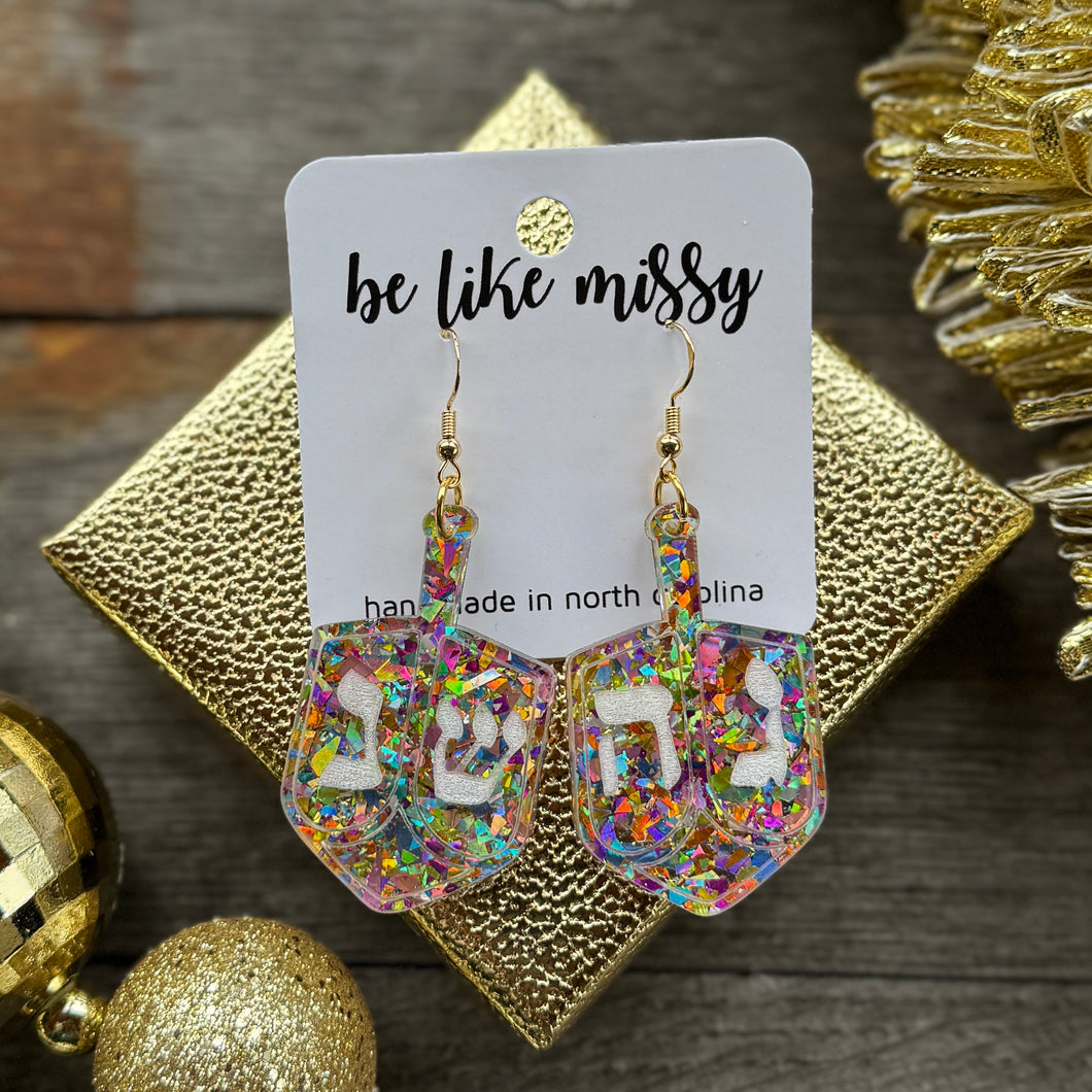 Dreidels - Disco Glitter - Acrylic Earrings