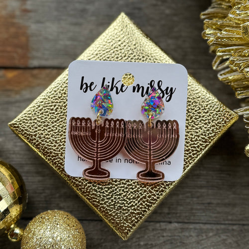 Menorah - Rose Gold - Acrylic Earrings