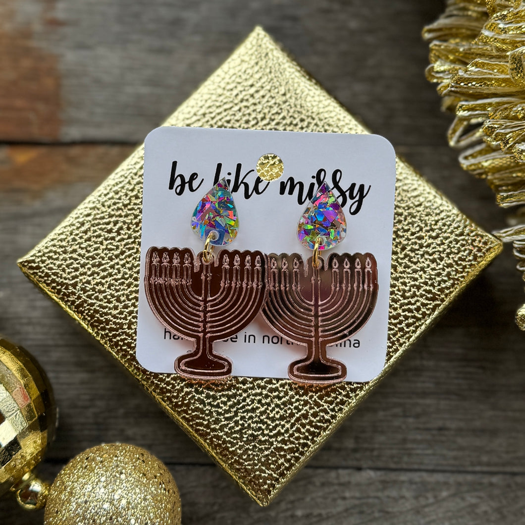 Menorah - Rose Gold - Acrylic Earrings
