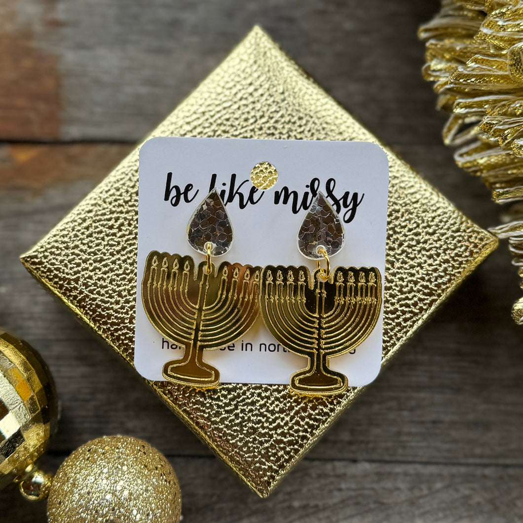 Menorah - Gold - Acrylic Earrings