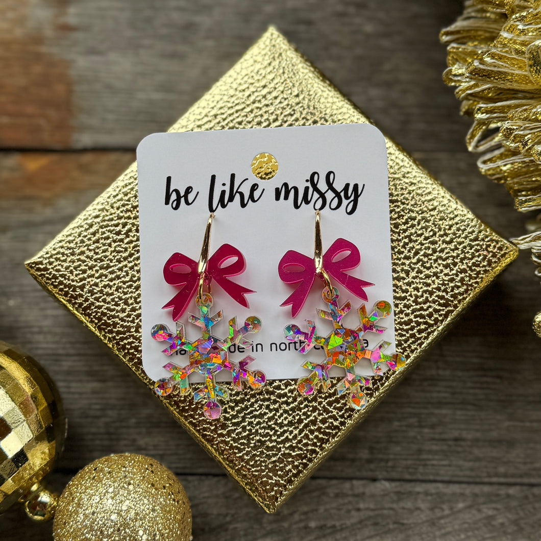 Snowflake + Bow Earrings - Disco Glitter - Acrylic Earrings