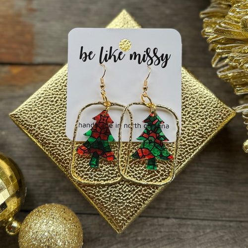 Christmas Tree Cages - Red + Green Kaleidoscope  - Acrylic Earrings